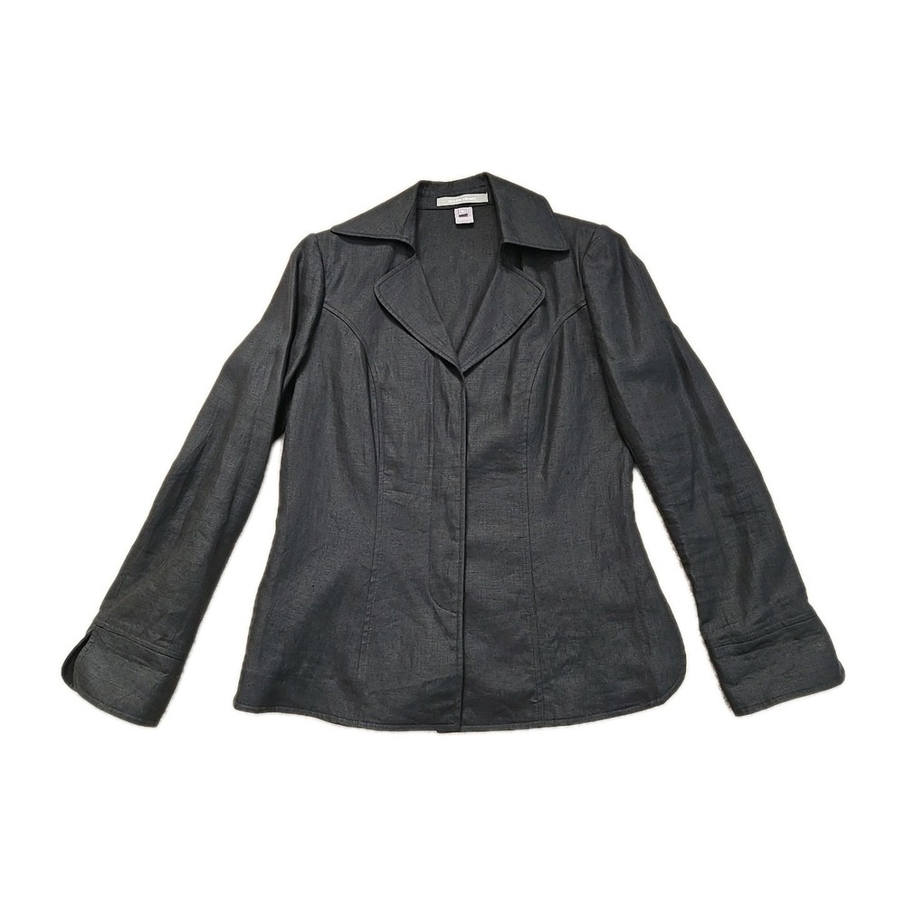 Ellen Tracy 100% Linen Blazer Hidden Buttons Shoulder Pads Black Size 8